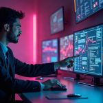 Photorealistic header: analyst at desk with neon timeline of web3 game milestones and logos.