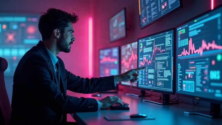 Photorealistic header: analyst at desk with neon timeline of web3 game milestones and logos.