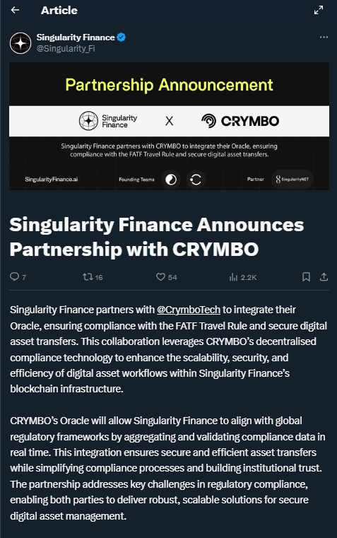 Tweet by Singularity Finance