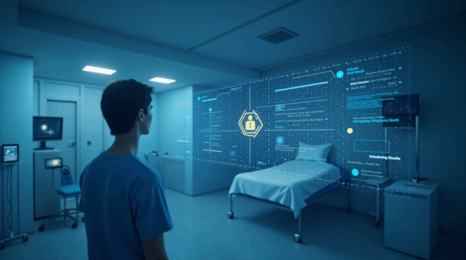 Hospital scene with ultrasound and AI holograms, decentralized network links clinics and governance tokens