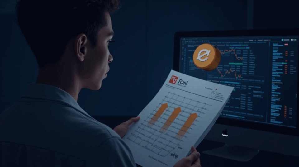 AlphaTON treasurer reviews Toncoin balance with staking nodes and TON logo in front of crypto-finance charts.