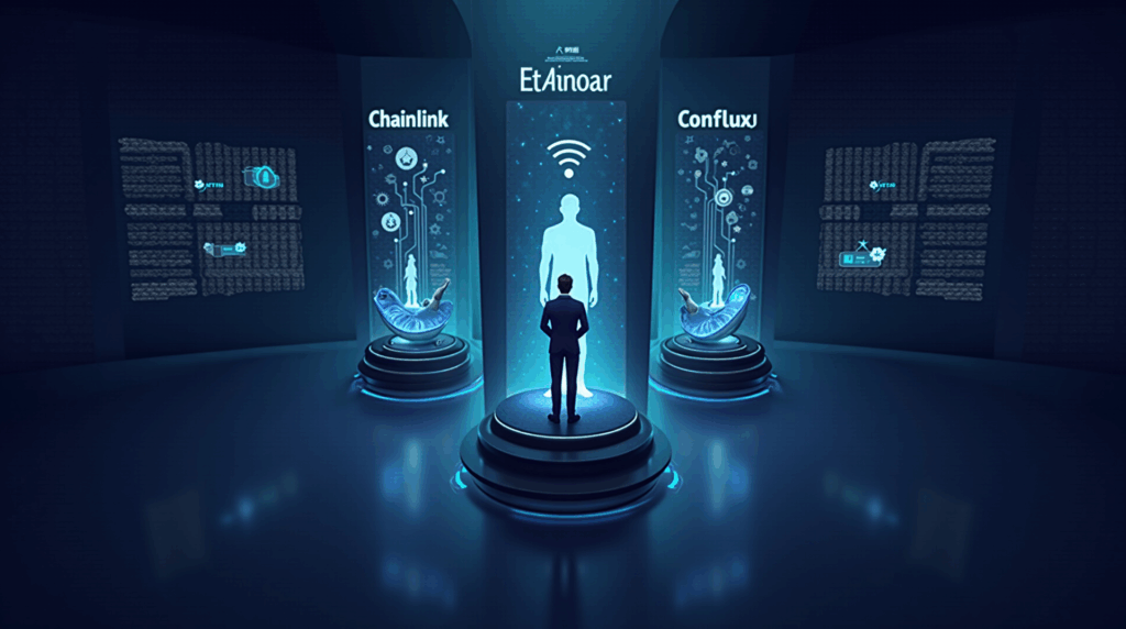 Analyst in a futuristic crypto news room, with three pillars Chainlink, Ethena and Conflux and regulatory data.