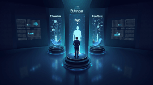 Analyst in a futuristic crypto news room, with three pillars Chainlink, Ethena and Conflux and regulatory data.