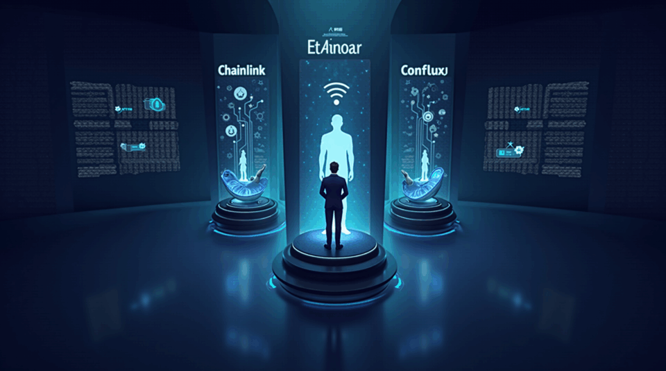 Analyst in a futuristic crypto news room, with three pillars Chainlink, Ethena and Conflux and regulatory data.