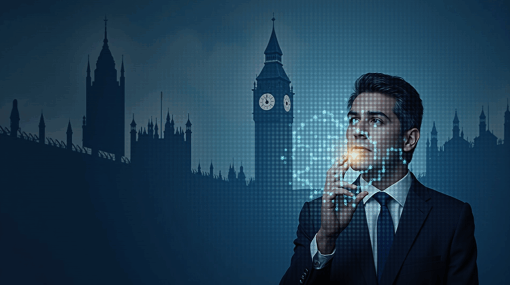 Compliance analyst in a suit observes a holographic blockchain, British Parliament in the background, symbolizing regulation.