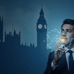 Compliance analyst in a suit observes a holographic blockchain, British Parliament in the background, symbolizing regulation.