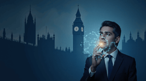 Compliance analyst in a suit observes a holographic blockchain, British Parliament in the background, symbolizing regulation.