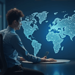 VC in a modern office, holographic blockchain rails surround a globe, symbol of on-chain adoption.