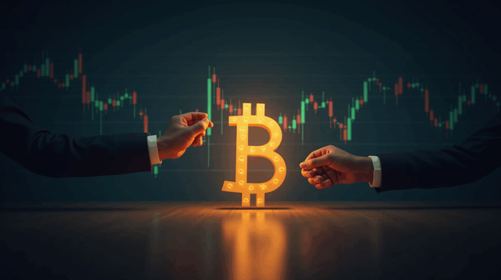 photorealistic header: merged logos forming bitcoin over an upward chart, symbolizing crypto treasury.