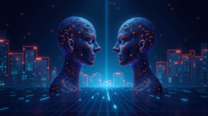 Crypto Header: Two holographic traders, ASTER and HYPE, facing Binance Chain with neon volume bars and perps.