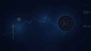 Trader in a crypto trading room, price ticker showing an increase and USDT symbol, highlighting DeFi oracle risk.
