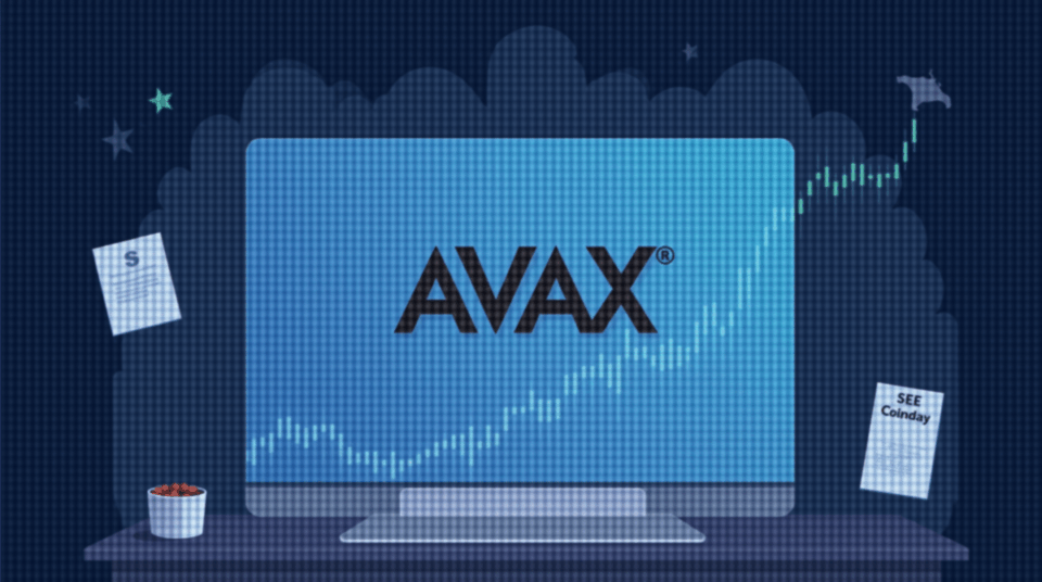 Newsroom scene with a central AVAX logo, rising charts, a regulatory document, and a Coinbase custody icon.