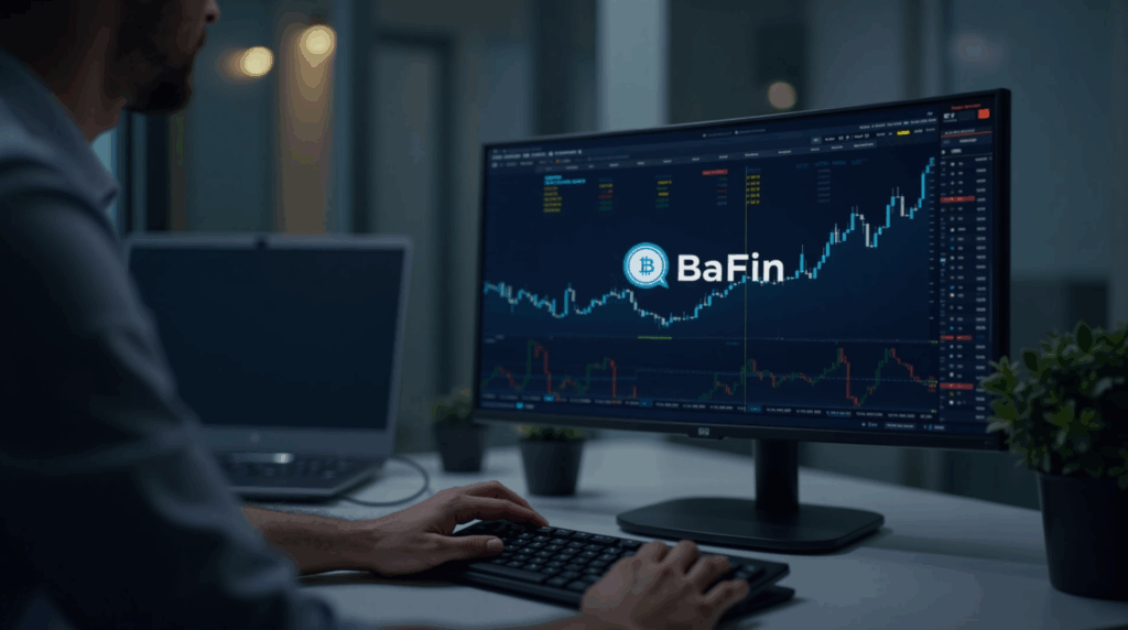 Photorealistic crypto trading desk in a modern European office, BaFin insignia on a screen and asset charts.