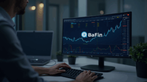 Photorealistic crypto trading desk in a modern European office, BaFin insignia on a screen and asset charts.