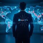 Silhouette of a central trader on a holographic trading floor; the Base NFTs logo eclipses rivals with AI visuals.