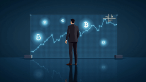Figure on glass floor with holographic Bitcoin and Ether, spot-futures basis graph and ETF logos.