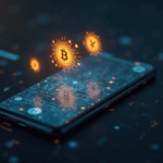 Realistic news cover: central phone emitting BTC and ETH icons with AI data streams, symbolizing mobile mining and innovation.