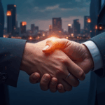 Panoramic view of Da Nang with a luminous blockchain network; Binance and Bybit executives shake hands in front of a regulatory roadmap.