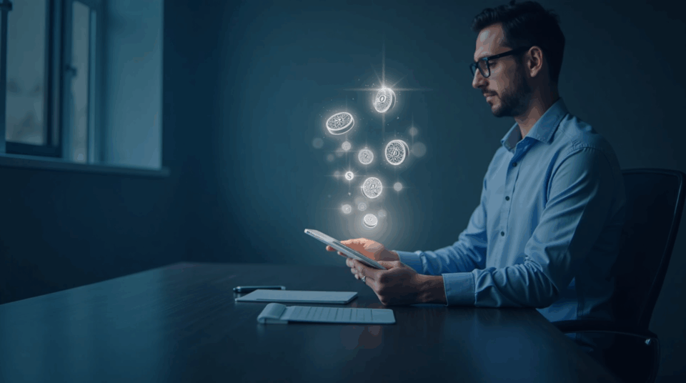 Executive at a modern desk watches holographic tokenized assets emerging from a tablet, crypto branding.