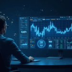 Operator at a modern desk with AI-powered crypto charts and holographic data streams.