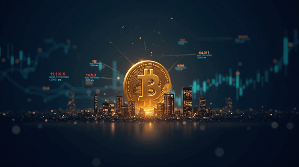 Bitcoin above 111k over a digital city, with ETF tickers and blockchain nodes.