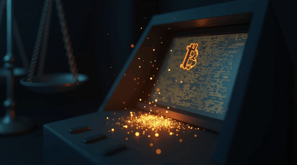 Close-up of a Bitcoin ATM with glowing snippets of code and blurred scales of justice.