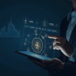 Bank executive in front of a touchscreen with a diagram of Bitcoin custody, NYDIG logos and an ETFs chart, institutional tone.