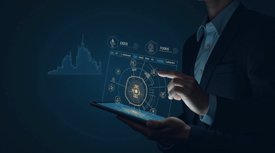 Bank executive in front of a touchscreen with a diagram of Bitcoin custody, NYDIG logos and an ETFs chart, institutional tone.