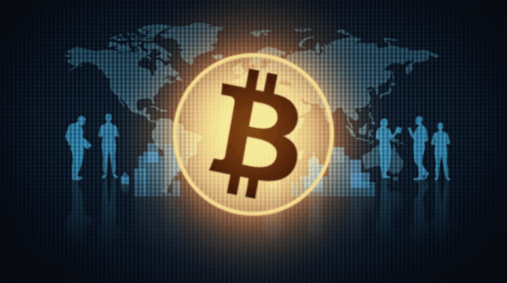 Central Bitcoin symbol with corporate silhouettes and a translucent blockchain grid, to depict institutional adoption and liquidity.