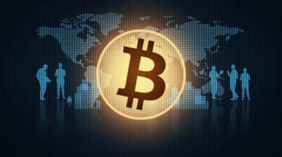 Central Bitcoin symbol with corporate silhouettes and a translucent blockchain grid, to depict institutional adoption and liquidity.