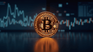 Bitcoin at the center of a futuristic newsroom, with bright charts of the M2 money supply and U.S. Treasury bonds.