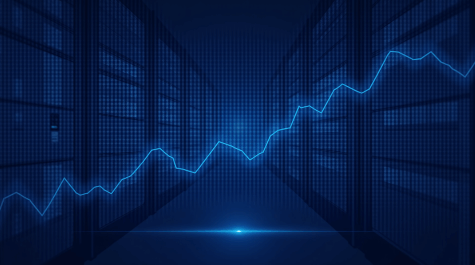 Bitcoin mining rig in a neon data center, illuminated ASICs and a descending price and hashrate chart.