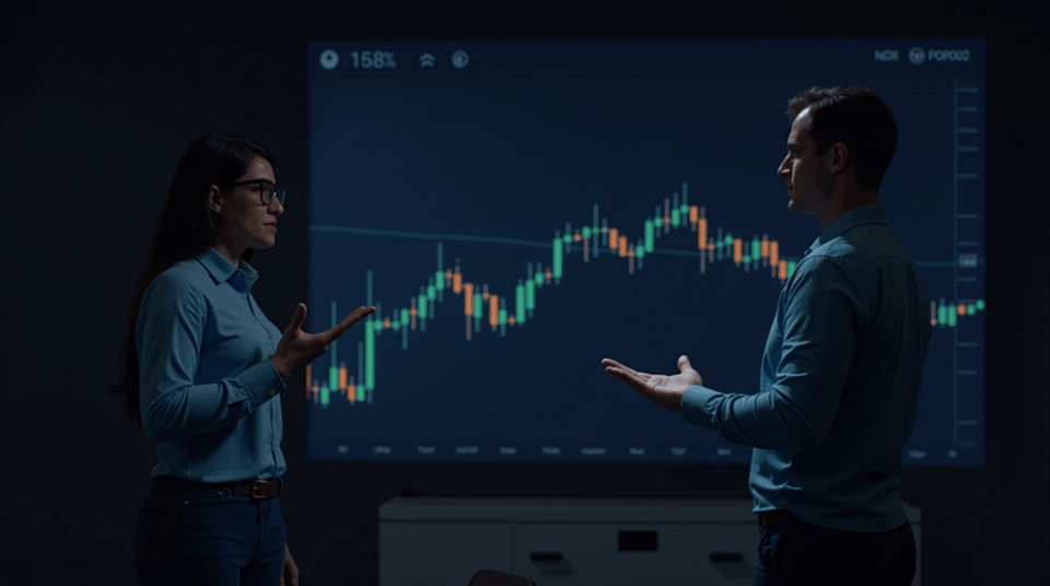 Analyst points to Bitcoin chart with bullish RSI divergence in a blue-gold newsroom.