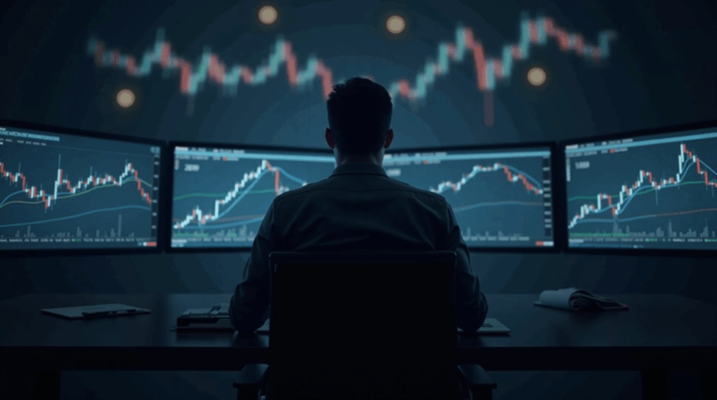 Crypto trader in front of screens with bitcoin charts and overlays of the dollar and monetary policy.