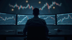 Crypto trader in front of screens with bitcoin charts and overlays of the dollar and monetary policy.