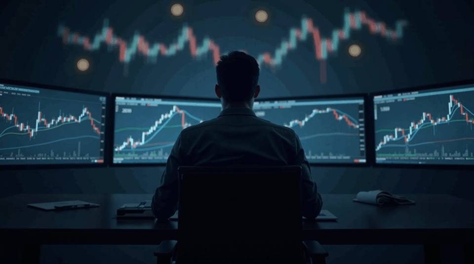 Crypto trader in front of screens with bitcoin charts and overlays of the dollar and monetary policy.