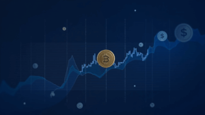 Crypto news header: Bitcoin with a pulsating price line, weak dollar index and visuals of ETF flows on a blue background.