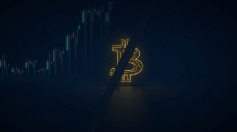 Photorealistic header: Bitcoin fading and a gold bar rising, digital charts on a blue background