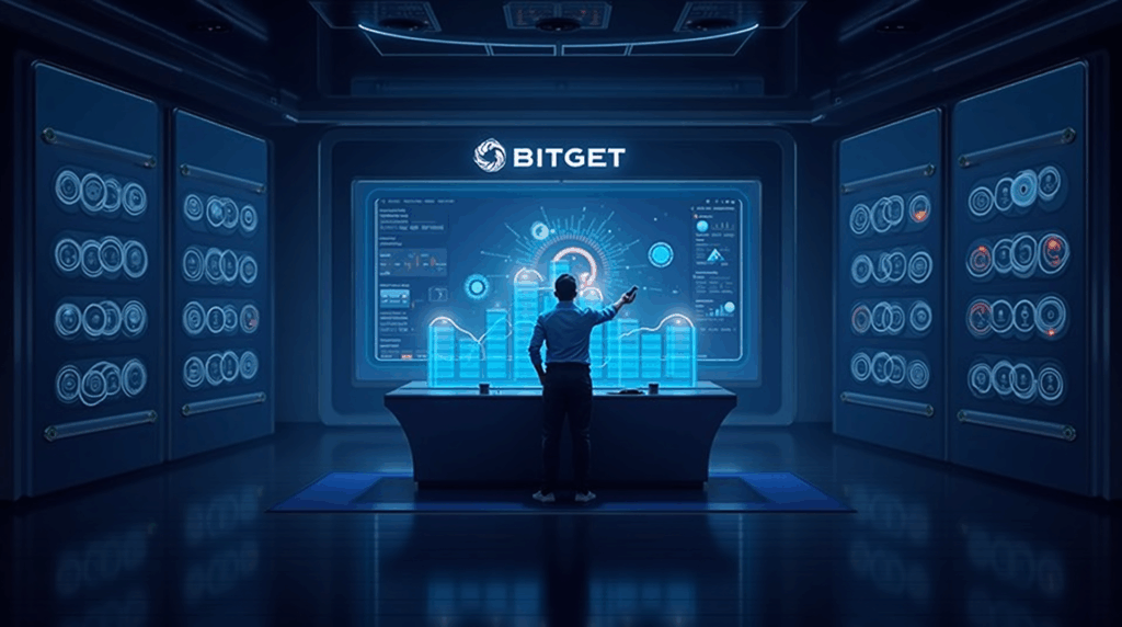 Futuristic trading station with a trader at a desk, holographic crypto and token panels, AI and Bitget branding.