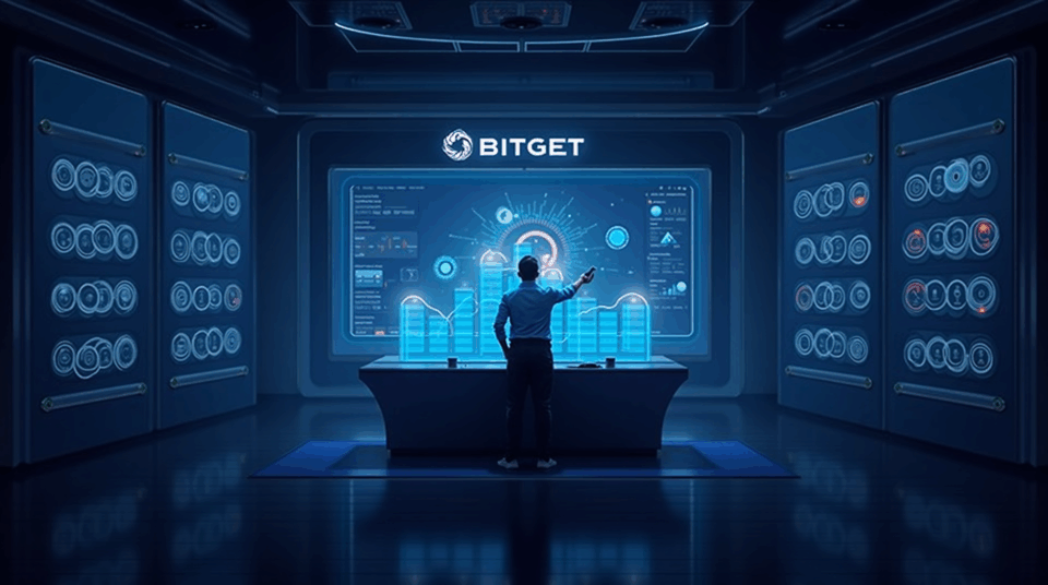 Futuristic trading station with a trader at a desk, holographic crypto and token panels, AI and Bitget branding.