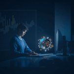 Analyst at an elegant desk; holographic globe of tokenized ETFs, on-chain settlement and 24/7 trading