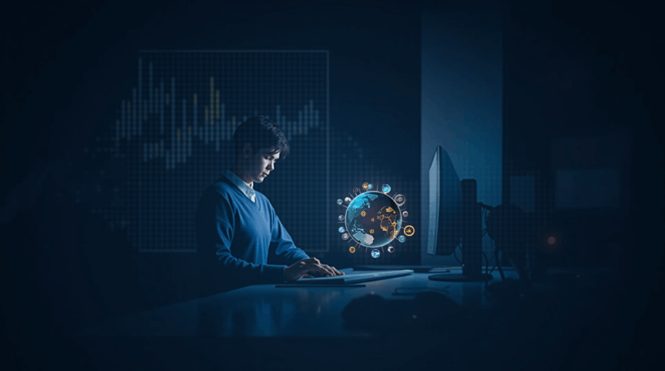 Analyst at an elegant desk; holographic globe of tokenized ETFs, on-chain settlement and 24/7 trading