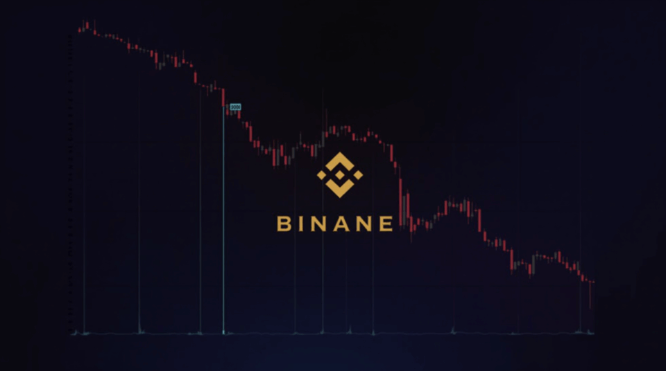 Downward chart of BNB with price below $1000, Binance logo and the Fear and Greed index gauge pointing to the fear zone