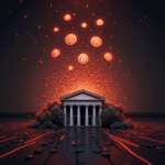 Photorealistic image of a central bank tower, ETFs disintegrating, crypto icons falling and red market arrows.