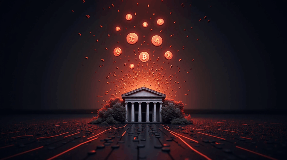 Photorealistic image of a central bank tower, ETFs disintegrating, crypto icons falling and red market arrows.