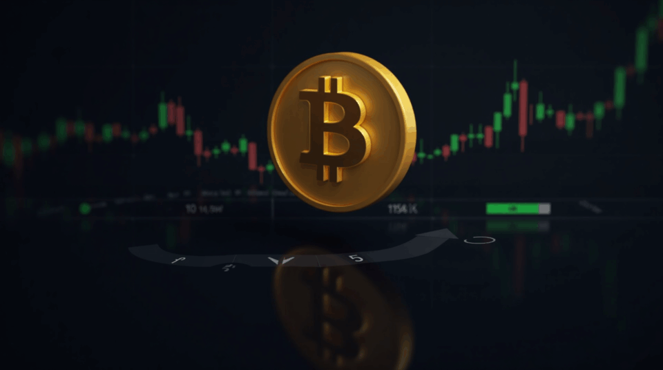 Bitcoin icon over a modern trading board with 115k level, green-red arrows and candles, silhouette of the Fed
