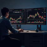 Photorealistic trader in front of screens with BTC chart below 110k, Fear and Greed visible and blockchain icons