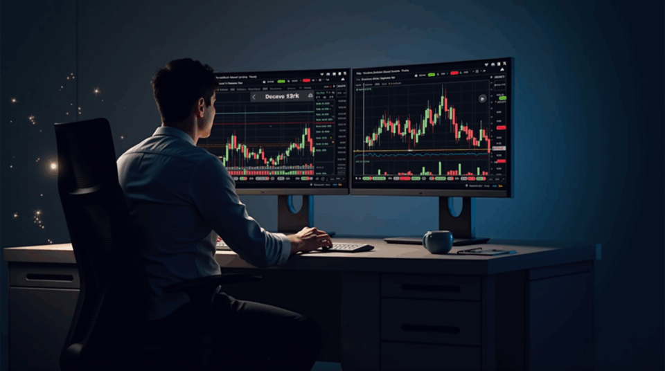 Photorealistic trader in front of screens with BTC chart below 110k, Fear and Greed visible and blockchain icons