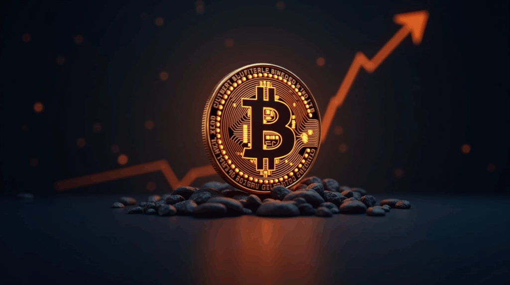 Bitcoin coin in the foreground with order charts and an arrow toward 107k, newsroom lighting.