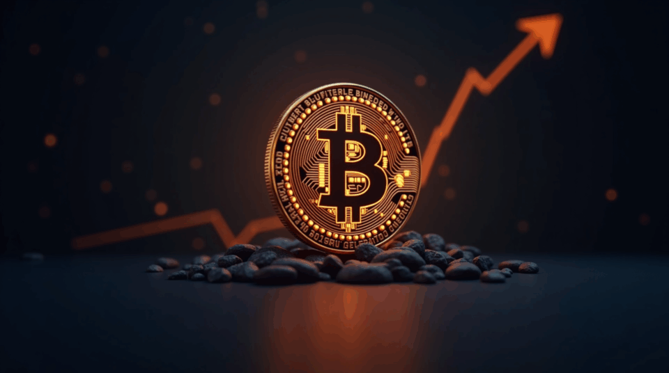 Bitcoin coin in the foreground with order charts and an arrow toward 107k, newsroom lighting.